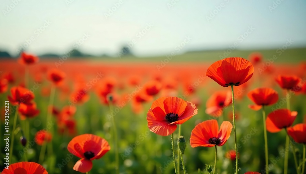 Field of red poppies swaying gently in the breeze, field, red poppies Field of red poppies swaying gently in the breeze, field, red poppies