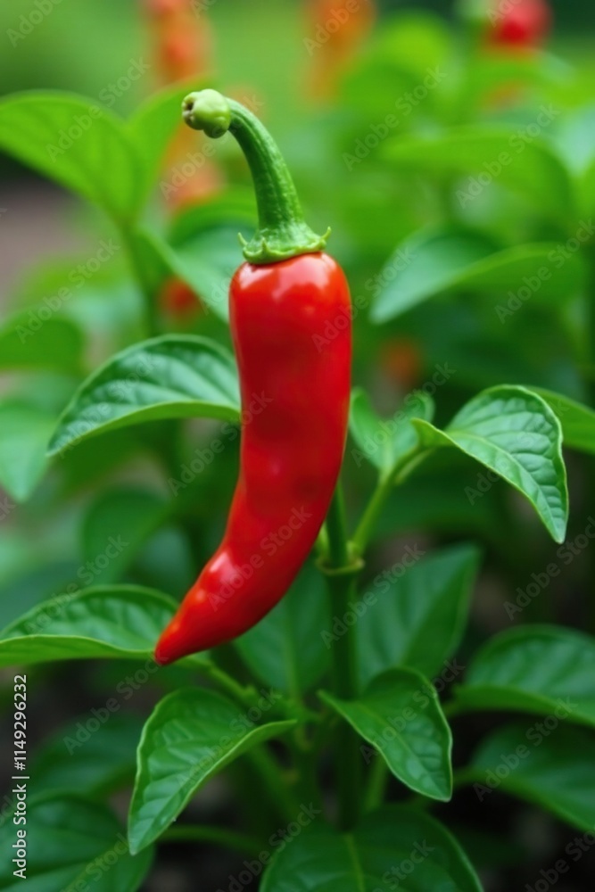 Fiery red chilli pepper in a garden among other plants, vegetable, botanical, fiery Fiery red chilli pepper in a garden among other plants, vegetable, botanical, fiery