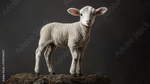 Adorable Lamb Standing Proud on a Rock against Dark Background, Capturing Full Body Shot of a Young Animal