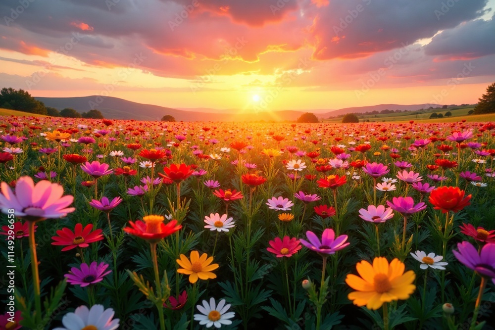 Obraz premium Golden hues illuminate a sea of colorful wildflowers as the sun dips below the horizon, sunset, pink
