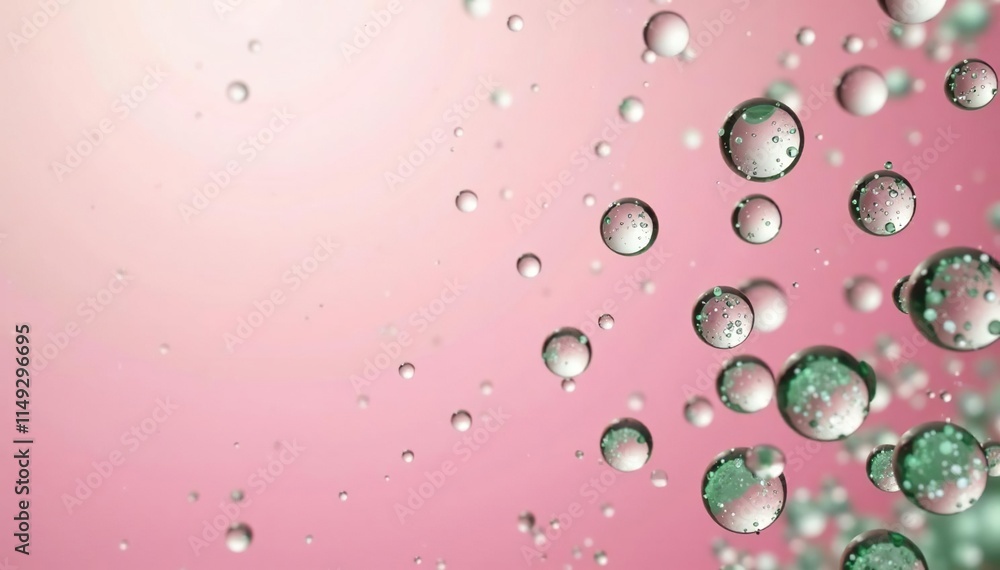 Green and pink water droplets floating on a soft pink background, creating a soothing atmosphere, floating, serene Green and pink water droplets floating on a soft pink background, creating a soothing atmosphere, floating, serene