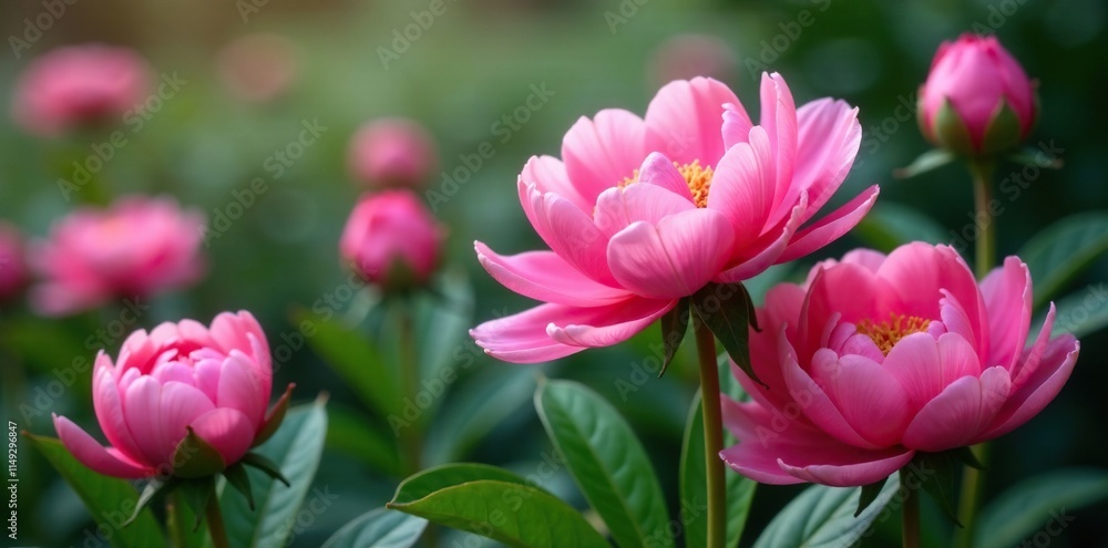 Large peony flowers unfolding from the ground with stems, blossom, gardenia Large peony flowers unfolding from the ground with stems, blossom, gardenia