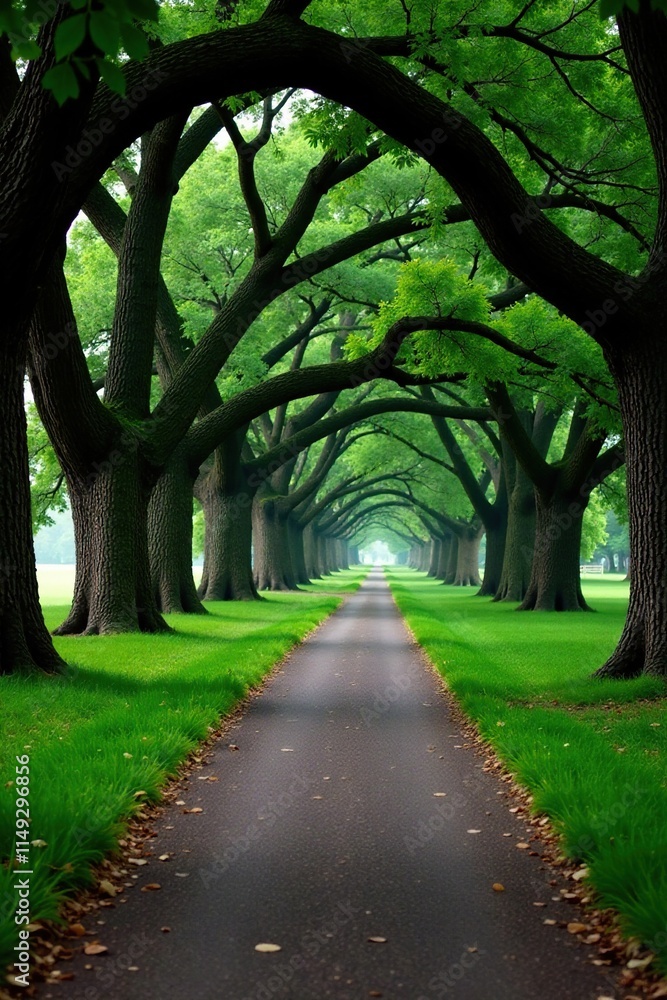 Long winding path lined with majestic live oaks, trees, greenery Long winding path lined with majestic live oaks, trees, greenery