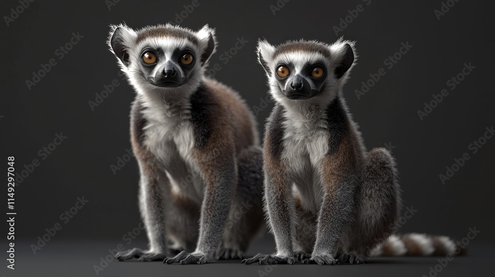 Obraz premium Two Adorable Lemurs Sitting Side by Side with Captivating Expressions and Soft Fur on a Dark Background
