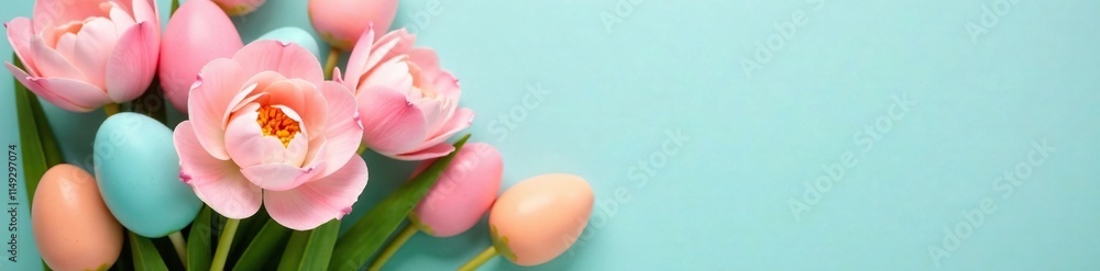 Pastel colored spring flowers in a bouquet with Easter eggs, colors, gardenia, fresh cut flowers Pastel colored spring flowers in a bouquet with Easter eggs, colors, gardenia, fresh cut flowers