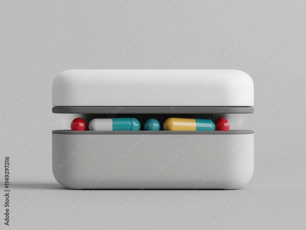 Health info medical privacy concept. Organizing medication pill case with capsules minimalist studio setting modern product photography Health info medical privacy concept. Organizing medication pill case with capsules minimalist studio setting modern product photography
