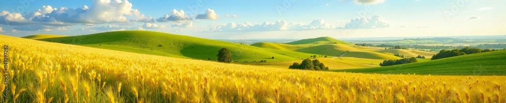 Obraz premium Rolling hills and vast plains of golden wheat and green grasses, farmland, rural life, countryside