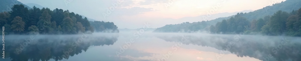 Fototapeta premium Serene mist rises slowly over the calm lake surface, stillness, calming