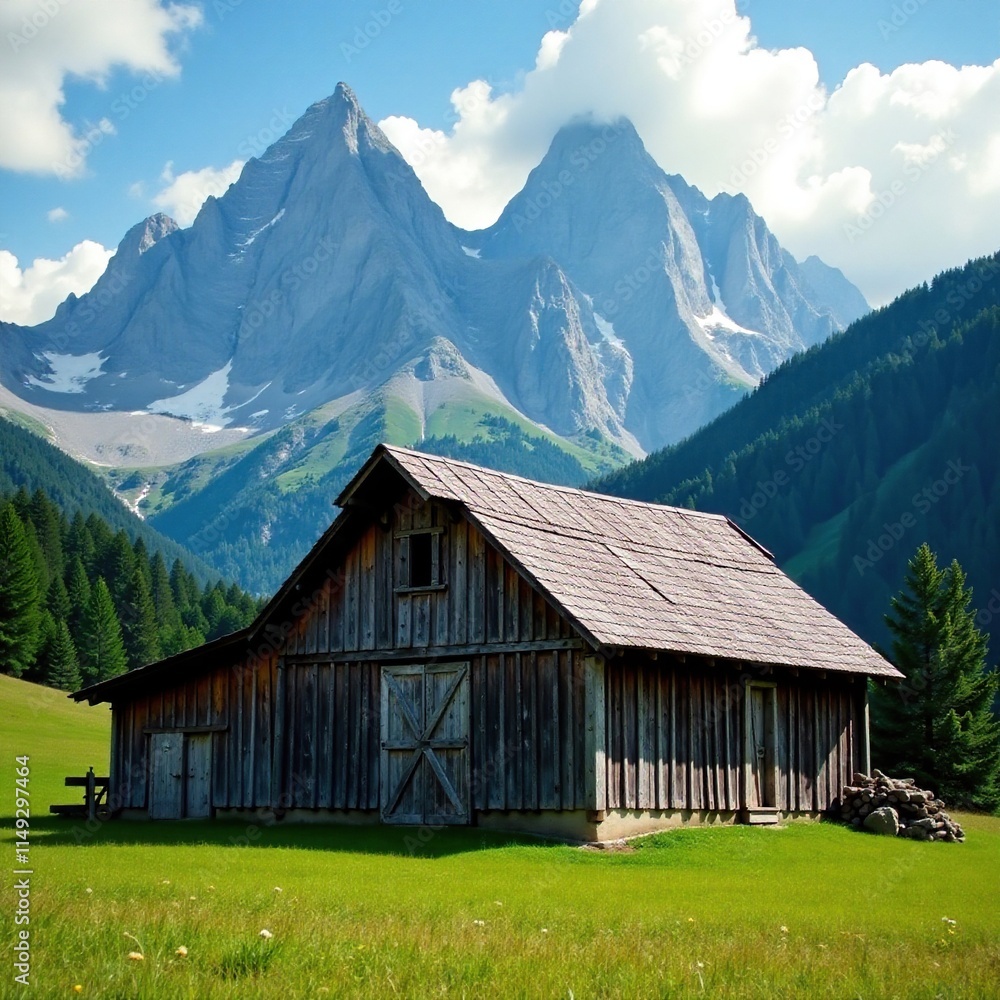 A rustic barn nestled among the towering mountain peaks, its wooden slats weathered to a soft silvery gray, rural, silvery gray A rustic barn nestled among the towering mountain peaks, its wooden slats weathered to a soft silvery gray, rural, silvery gray