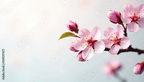 A single plum blossom branch with subtle texture and delicate pink petals against a soft white background, plum blossoms, leaves, petals