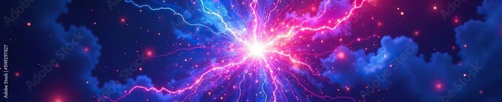 Blazing blue and magenta plasma burst radiating from a central core, explosion, high-energy, glow Blazing blue and magenta plasma burst radiating from a central core, explosion, high-energy, glow