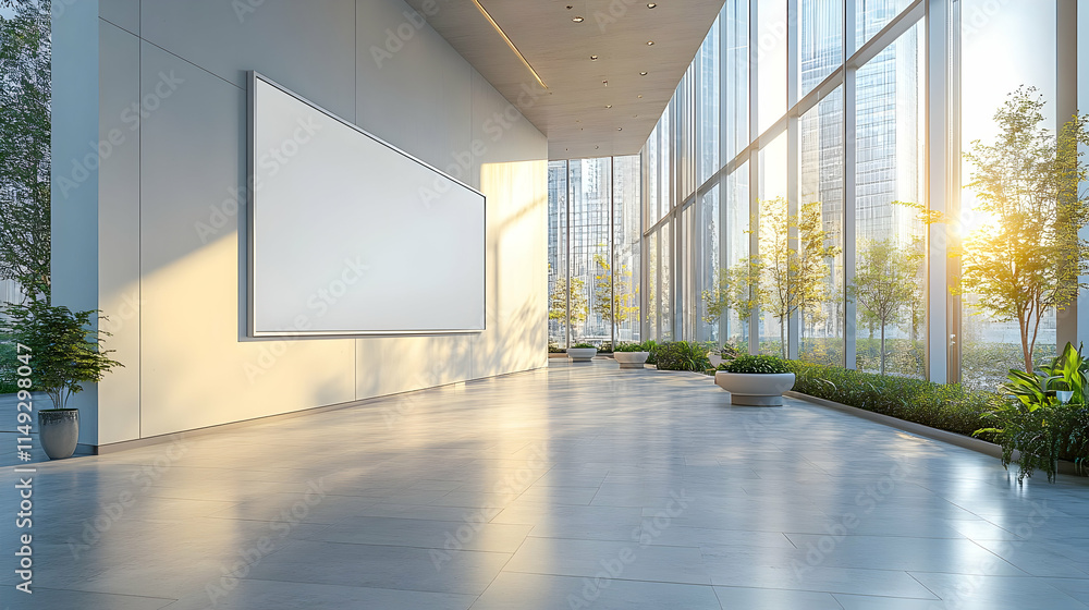 Modern interior space with large windows, greenery, and a blank screen for presentations. Modern interior space with large windows, greenery, and a blank screen for presentations.