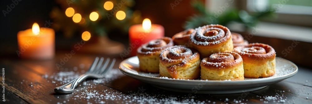 Cinnamon rolls with lit candles and a miniature Christmas tree behind,, candlelight Cinnamon rolls with lit candles and a miniature Christmas tree behind,, candlelight