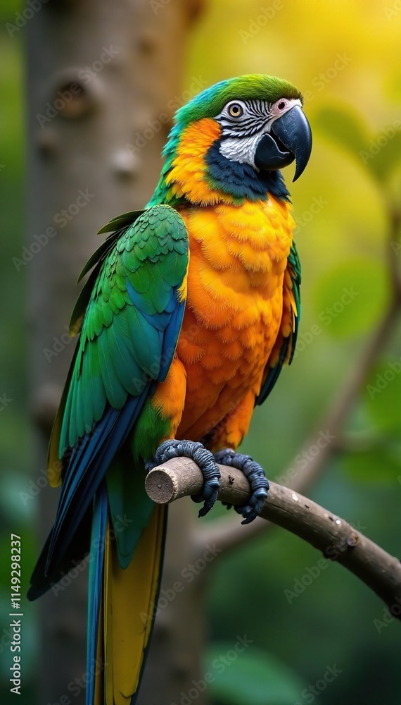 Colorful parrot with bright green and blue feathers on a branch, colorful background, nature scenery, tree branch Colorful parrot with bright green and blue feathers on a branch, colorful background, nature scenery, tree branch
