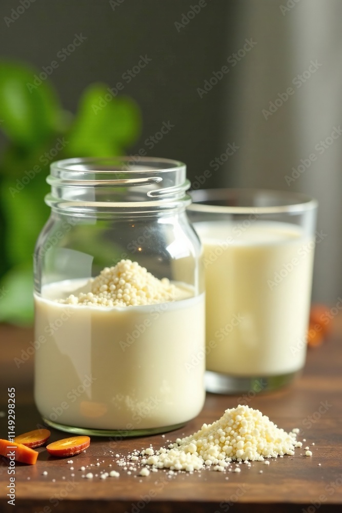Colostrum supplement powder in a glass jar placed on the same table as the glass of milk, organic farming, herbal, dairy products Colostrum supplement powder in a glass jar placed on the same table as the glass of milk, organic farming, herbal, dairy products