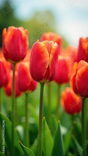 Tall red tulips swaying gently in the wind amidst lush green grass, flowers, red tulips, blooming field
