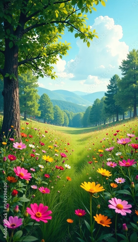 Obraz premium Dreamy landscape of wildflowers amidst whispering trees, landscape, gentle hues, floral