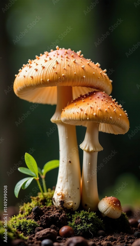 Fototapeta premium Fresh natural champignon mushrooms with their stems exposed, nature, fungus, natural
