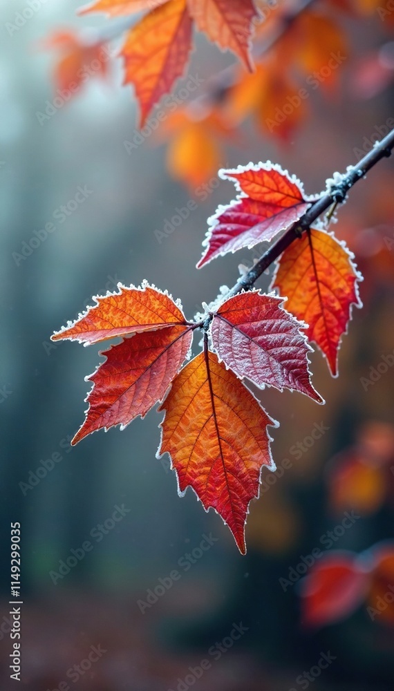 Frosted leaves cling to tree branches in shades of orange and red during autumn, climate, weather Frosted leaves cling to tree branches in shades of orange and red during autumn, climate, weather