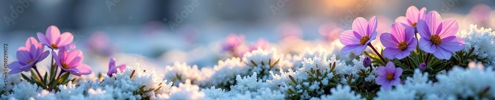 Frosty ground covered with small purple primula flowers, nature, winter garden Frosty ground covered with small purple primula flowers, nature, winter garden