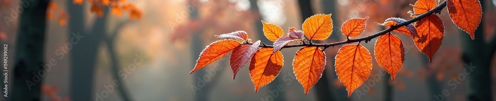 Fototapeta premium Frosty orange leaves on Physocarpus opulifolius diabolo tree, forest scenery, orange foliage