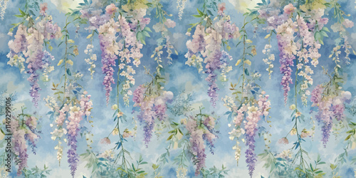 A beautifully illustrated floral pattern featuring cascading wisteria in shades of purple and soft pastels against a blue background.