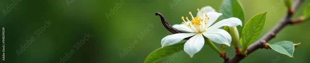 a single vanilla pod peeking out from behind a blooming jasmine stem, botanical, jasmine, closeup a single vanilla pod peeking out from behind a blooming jasmine stem, botanical, jasmine, closeup