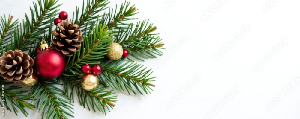 A spruce branch adorned with mistletoe, pine cones, and red and gold balls on a white background, festive colors, holly, holiday decor A spruce branch adorned with mistletoe, pine cones, and red and gold balls on a white background, festive colors, holly, holiday decor