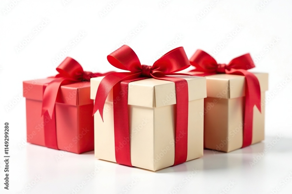 Gift boxes with red ribbons isolated on white background, gift boxes, environmentally friendly gift Gift boxes with red ribbons isolated on white background, gift boxes, environmentally friendly gift