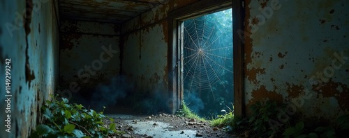 A spider web clings to a decrepit doorframe as if warning others to turn back, supernatural, doorframe photo