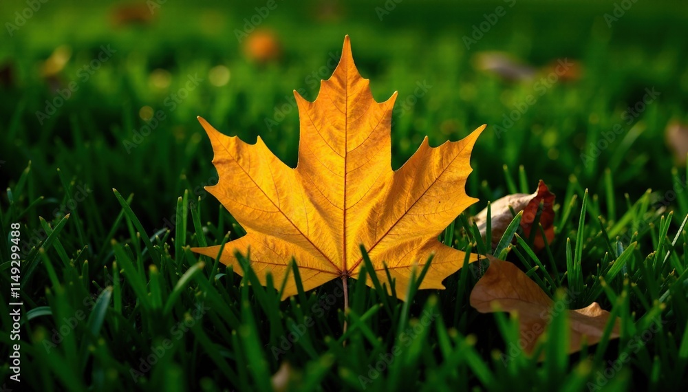 golden brown maple leaf lying flat on lush green grass, autumn, maple golden brown maple leaf lying flat on lush green grass, autumn, maple