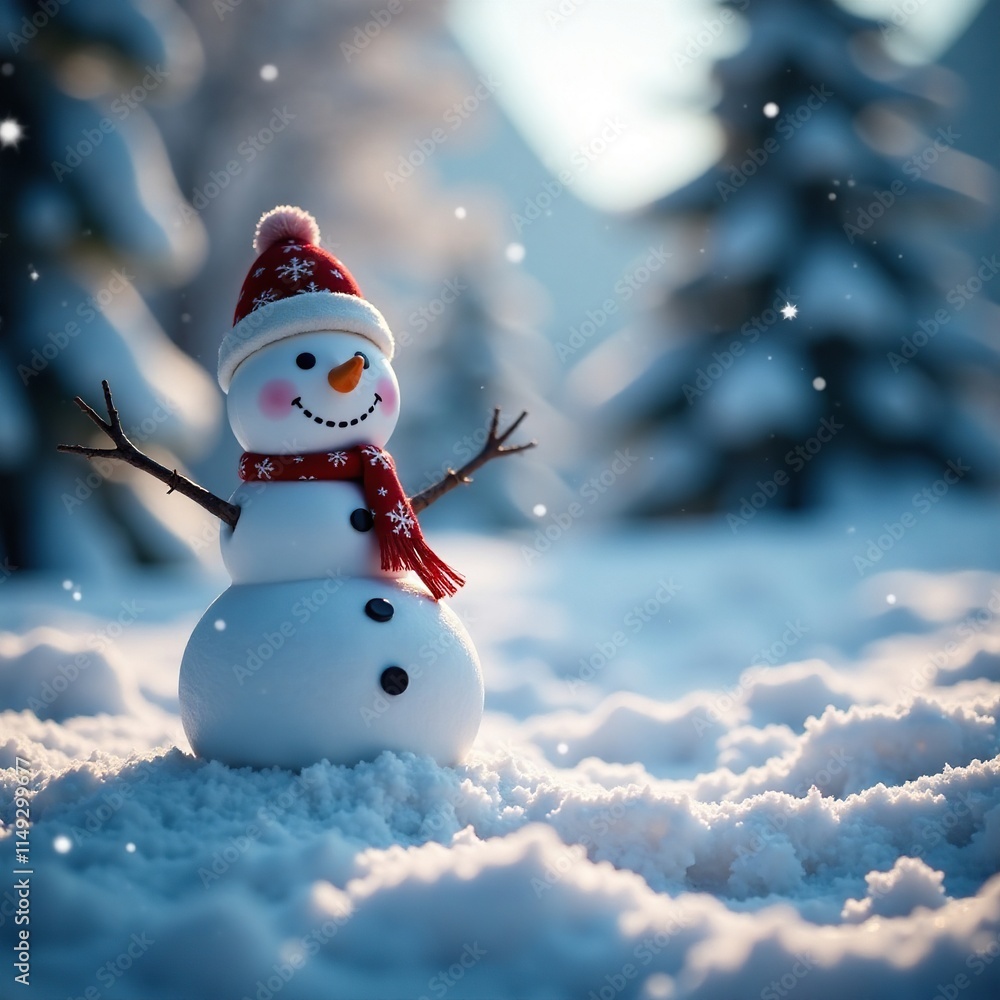Fototapeta premium Bokeh effect with a falling snowman and winter scenery, frozen scenery, frosty environment