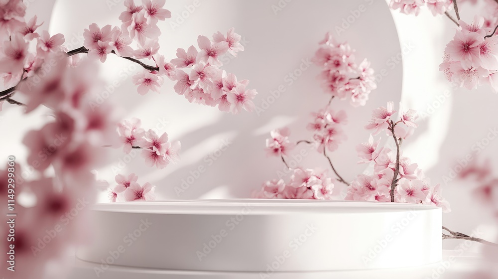 Soft pink cherry blossoms delicately surrounding a white podium in a serene setting Soft pink cherry blossoms delicately surrounding a white podium in a serene setting