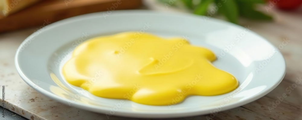 Mayonnaise splat on a plate with a subtle blur effect, food stain, kitchen mishap Mayonnaise splat on a plate with a subtle blur effect, food stain, kitchen mishap