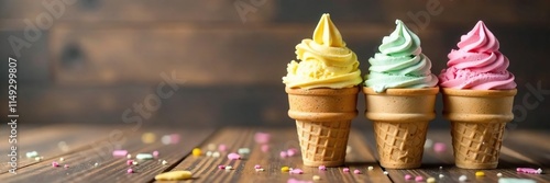 Wallpaper Mural Colorful ice cream cones stacked on a wooden background, dessert, sweet, colorful Torontodigital.ca