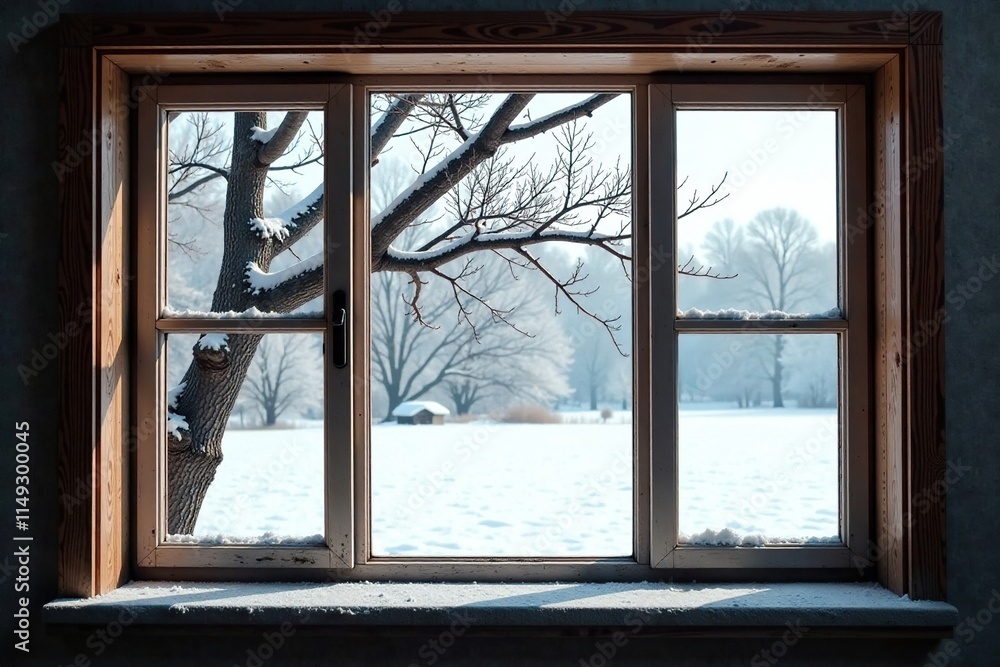 Fototapeta premium Old wooden window with a bare tree branch and snow-covered landscape outside, old wood, cold weather