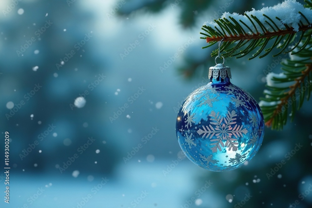 Delicate blue crystal ornament hung from a lush pine branch, pine branch, blue crystal snowflake ornament, winter wonderland Delicate blue crystal ornament hung from a lush pine branch, pine branch, blue crystal snowflake ornament, winter wonderland