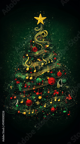 A Christmas tree made of musical notes, Christmas poster template, New Year's concert