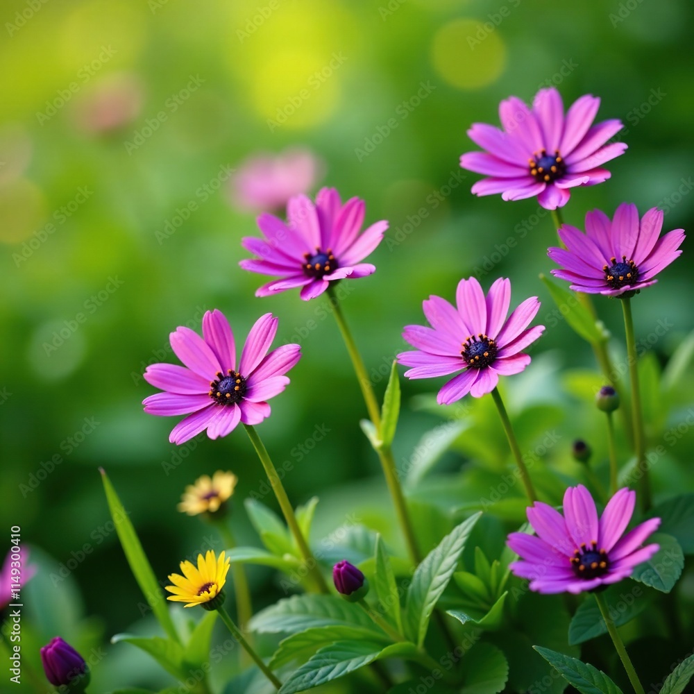 Purple lythrum flower blooms in a lush green grassy field, flowers, purple