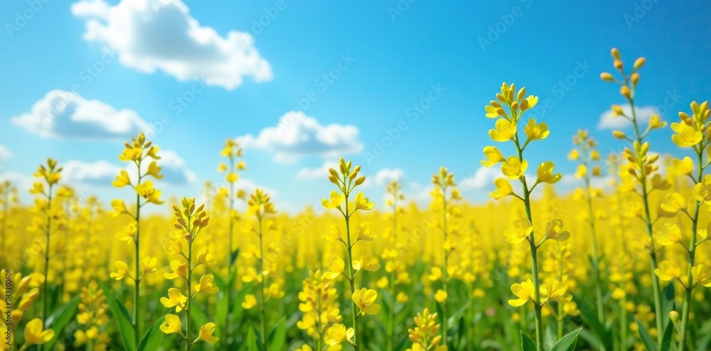 Field of golden wattle flowers with green leaves against a bright blue sky, outdoor, nature, natural scenery Field of golden wattle flowers with green leaves against a bright blue sky, outdoor, nature, natural scenery