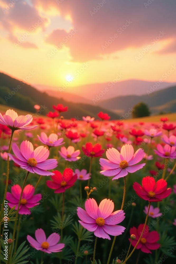 Obraz premium Field of pink cosmos flowers against a warm sunset golden light with gentle hills in the background, floral landscape, countryside
