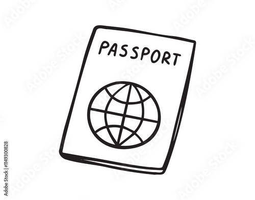 Linear doodle hand drawn passport on white background. Outline drawing international passport control, travel concept