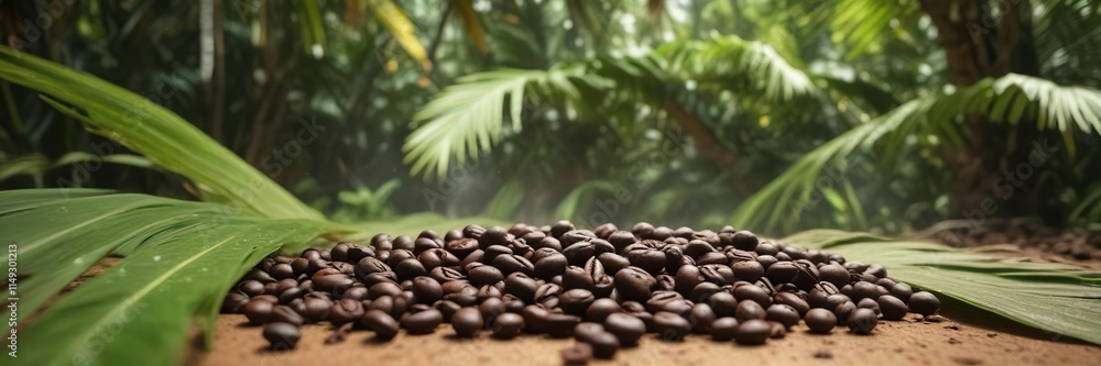 Obraz premium Steaming espresso coffee beans under palm leaves, green, leaves