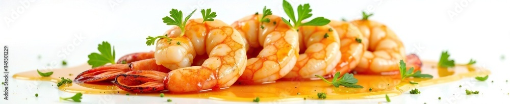 Honey dripped shrimp with garnish on white background, restaurant, entree, culinary art Honey dripped shrimp with garnish on white background, restaurant, entree, culinary art