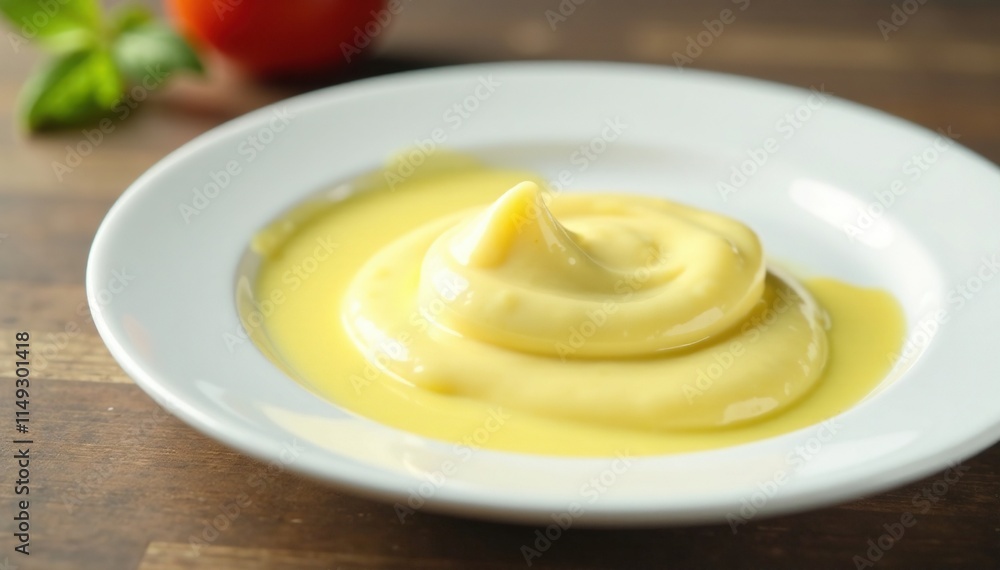 Mayonnaise splat on a white plate with a blurred background, food stain, sauce splat, kitchen mishap Mayonnaise splat on a white plate with a blurred background, food stain, sauce splat, kitchen mishap
