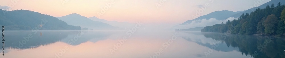 Fototapeta premium Muted landscape of misty loch and distant sky in soothing oil paint colors, foggy morning, calming scenery, distant horizon