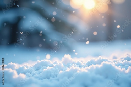 Tiny snowflakes gently falling on white background, soft focus, serene scene, delicate flakes