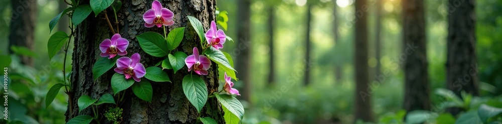 Pine tree trunk with orchid vines wrapped around, plant, forests, landscape Pine tree trunk with orchid vines wrapped around, plant, forests, landscape
