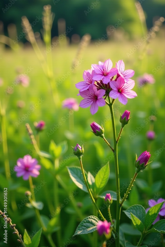 Phlox drummondii blooms in a lush meadow amidst tall grasses and wildflowers, meadow, landscape Phlox drummondii blooms in a lush meadow amidst tall grasses and wildflowers, meadow, landscape