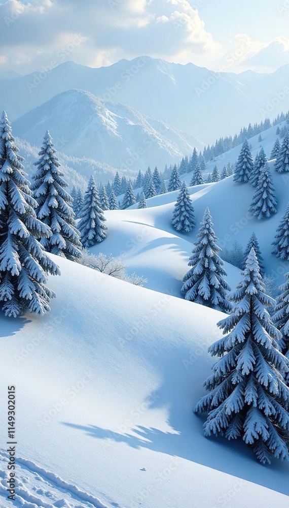 Fototapeta premium serpentine hill landscape with snow-covered rounded trees, serene forest, snowy hills